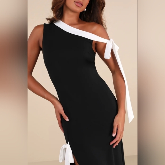 Lulus Intriguing Demeanor Black and White Bow One-Shoulder Maxi Dress XL Wedding - Picture 4 of 9